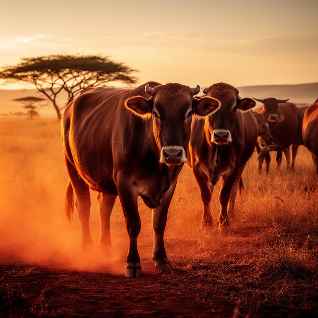 Healthy cattle in African savanna at golden hour
